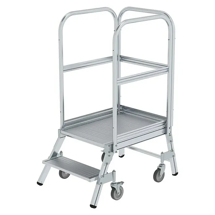 Proregal Treppenpodest einseitig begehbar - Anzahl Tritte: 2 Stk., Arbeitshöhe: 2.480 mm, Belastbarkeit: 150 kg, Aluminium - Silberfarbene Aluminium-Arbeitsplattform mit Stufen, Geländer und Rollen.