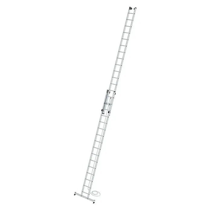Proregal Seilzugleiter 2-teilig - Anzahl Tritte: 32 Stk., Arbeitshöhe: 9.400 mm, Belastbarkeit: 150 kg, Aluminium - Silberne Aluminium-Ausziehleiter, vollständig ausgefahren, mit Seilzug und Stabilisierungsfuß.