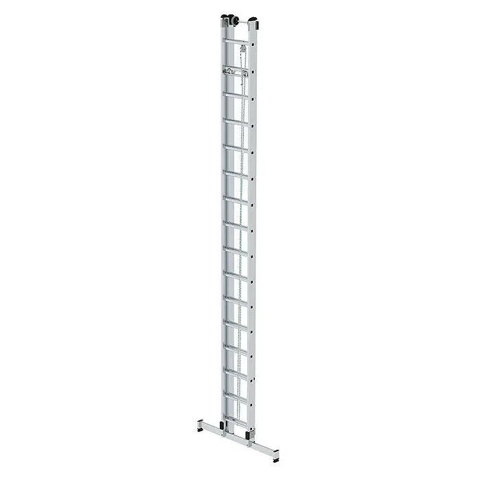 Proregal Seilzugleiter 2-teilig - Anzahl Tritte: 32 Stk., Arbeitshöhe: 9.400 mm, Belastbarkeit: 150 kg, Aluminium - Silberne Aluminium-Ausziehleiter mit schwarzen Sicherheitsmerkmalen, Seilzugsystem und einer stabilisierenden Basis.
