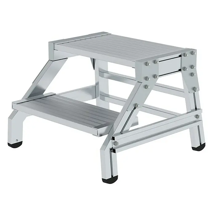Proregal Treppenpodest Montagetritt mit 2 Stufen - Anzahl Tritte: 2 Stk., Belastbarkeit: 300 kg, Aluminium - Silberner Aluminium-Zweistufenhocker mit geriffelten Stufen für sicheren Stand und robuster Konstruktion.