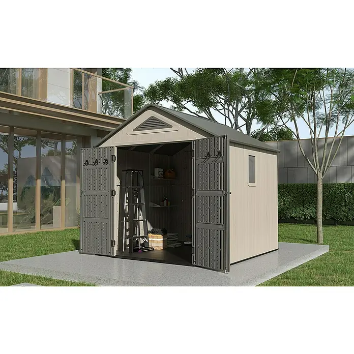 Gardol Gerätehaus Antares II - Außenmaß inkl. Dachüberstand (B x T): 250 x 246 cm, Kunststoff, Steingrau - Ein geräumiger Gartenschuppen mit Doppeltüren und Fenster, ideal für die Aufbewahrung von Gartengeräten und Werkzeugen im Außenbereich.