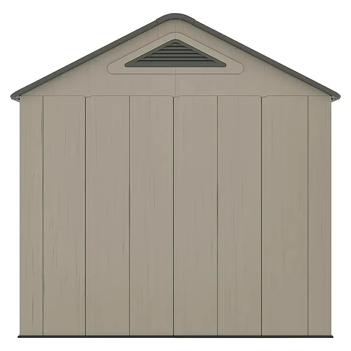 Gardol Gerätehaus Antares II - Außenmaß inkl. Dachüberstand (B x T): 250 x 246 cm, Kunststoff, Steingrau - Eine Ansicht des Seitenprofils eines Outdoor-Lagerschuppens mit einem Giebeldach und einer Lattenverkleidung.