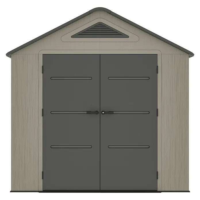 Gardol Gerätehaus Antares I - Außenmaß inkl. Dachüberstand (B x T): 250 x 180 cm, Kunststoff, Steingrau - Abbildung eines Gartenhauses mit Doppeltür und Belüftungsgitter, ideal für die Aufbewahrung von Gartengeräten und Werkzeugen.