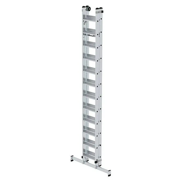 Proregal Seilzugleiter 2-teilig - Anzahl Tritte: 24 Stk., Arbeitshöhe: 7.000 mm, Belastbarkeit: 150 kg, Aluminium - Silberne Aluminium-Ausziehleiter mit Seilzugsystem und breitem Stabilisatorfuß.
