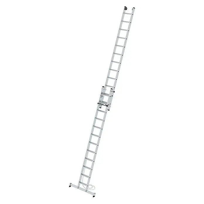 Proregal Seilzugleiter 2-teilig - Anzahl Tritte: 24 Stk., Arbeitshöhe: 7.000 mm, Belastbarkeit: 150 kg, Aluminium - Voll ausgezogene silberne Aluminium-Schiebeleiter mit breiter Stabilisierungsstange unten und Rollen oben.