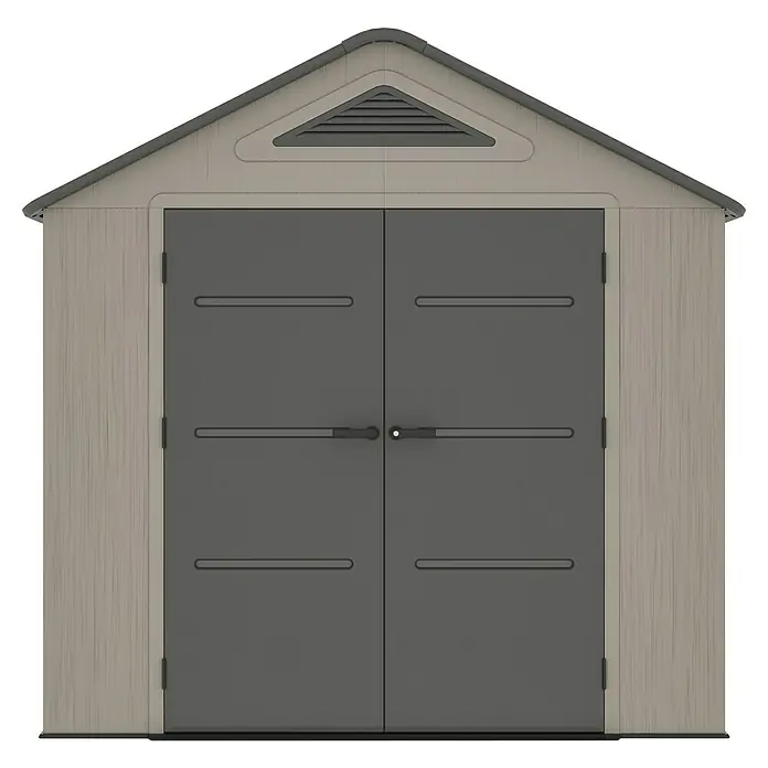 Gardol Gerätehaus Antares II - Außenmaß inkl. Dachüberstand (B x T): 250 x 246 cm, Kunststoff, Steingrau - Eine Ansicht eines Kunststoff-Gartenschuppens mit Doppeltüren, der Stauraum und Schutz für Gartengeräte bietet.
