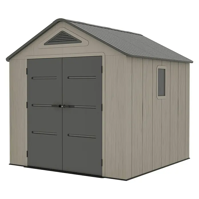 Gardol Gerätehaus Antares II - Außenmaß inkl. Dachüberstand (B x T): 250 x 246 cm, Kunststoff, Steingrau - Bild eines beigen Gartenschuppens mit Doppeltür und kleinem Fenster. Ideal zur Aufbewahrung von Gartengeräten und Werkzeugen.