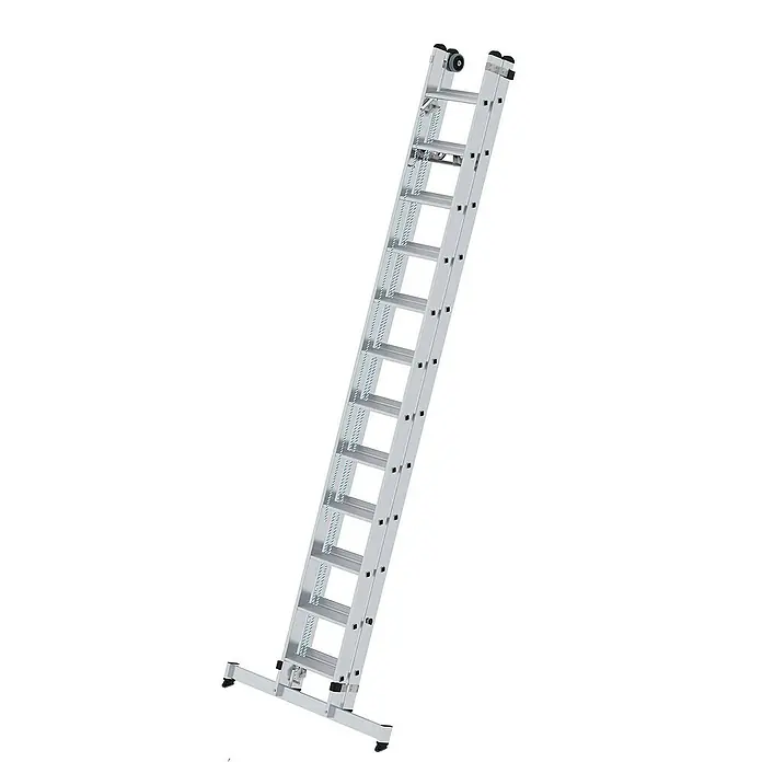 Proregal Seilzugleiter 2-teilig - Anzahl Tritte: 24 Stk., Arbeitshöhe: 7.000 mm, Belastbarkeit: 150 kg, Aluminium - Silberne Aluminium-Anlegeleiter mit breiter Stabilisierungsstange unten und Rollen oben.