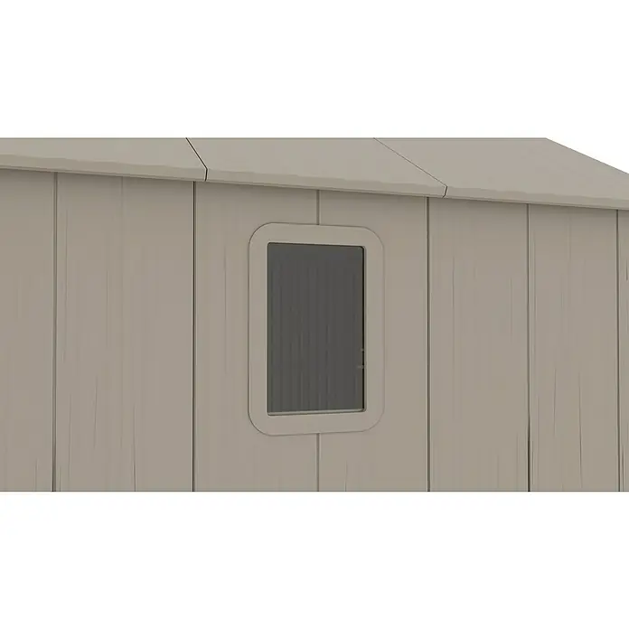 Gardol Gerätehaus Antares I - Außenmaß inkl. Dachüberstand (B x T): 250 x 180 cm, Kunststoff, Steingrau - Detailansicht eines Gartenhauses mit einem rechteckigen Fenster, das in die Wand eingelassen ist. Die Holzstruktur ist schlicht und modern.