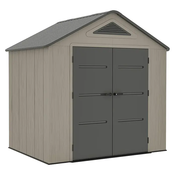 Gardol Gerätehaus Antares I - Außenmaß inkl. Dachüberstand (B x T): 250 x 180 cm, Kunststoff, Steingrau - Abbildung eines beigen und grauen Gartenschuppens mit Doppeltüren und Satteldach, ideal zur Aufbewahrung von Gartengeräten und Werkzeugen.