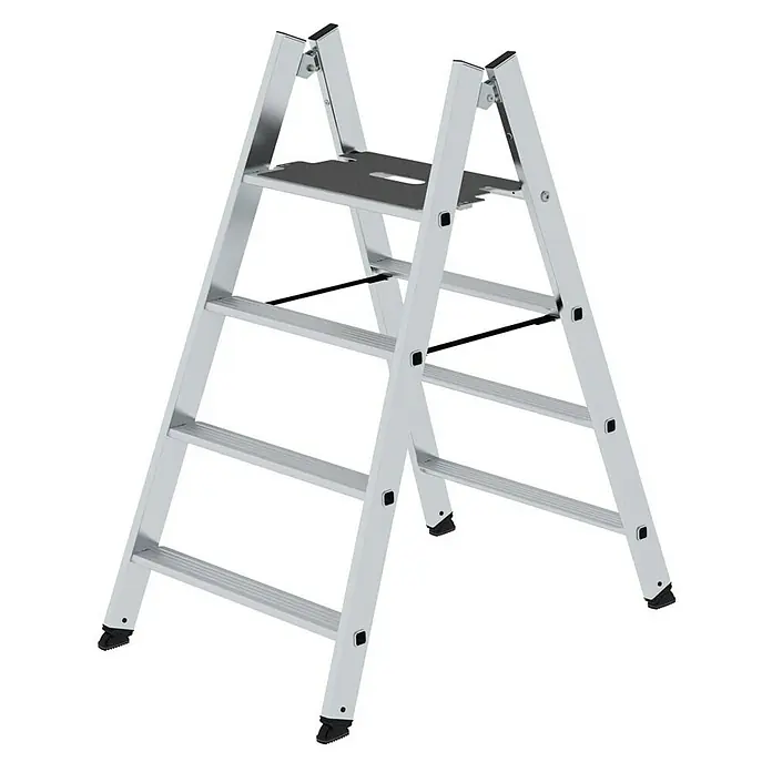 Proregal Doppel-Klapptritt beidseitig begehbar - Anzahl Tritte: 4 Stk., Arbeitshöhe: 2.990 mm, Belastbarkeit: 150 kg, Aluminium - Silberne Aluminium-Klappleiter mit schwarzer Arbeitsplattform und rutschfesten Füßen.