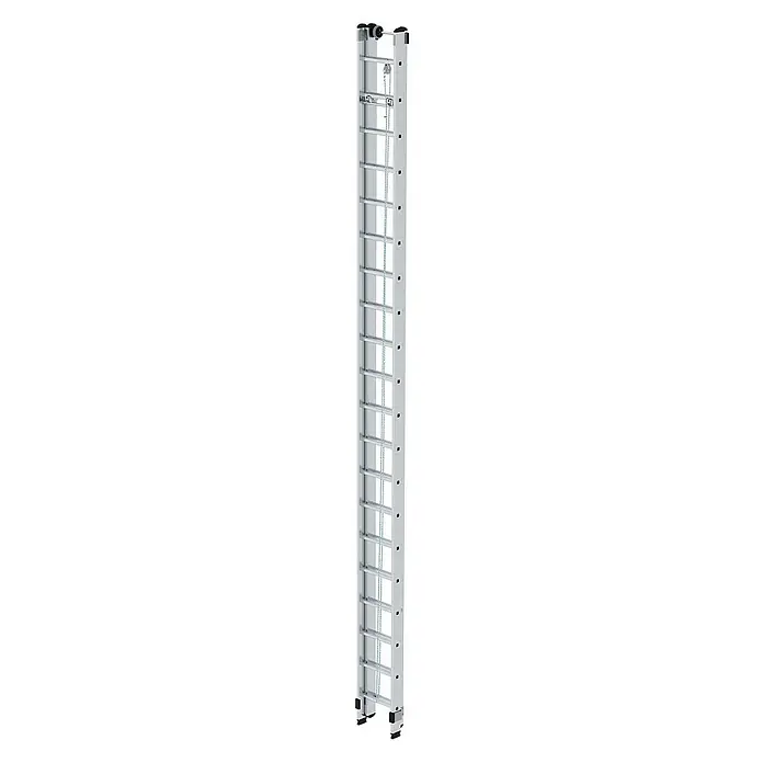 Proregal Seilzugleiter 2-teilig - Anzahl Tritte: 40 Stk., Arbeitshöhe: 11.400 mm, Belastbarkeit: 150 kg, Aluminium - Silberne Aluminium-Anlegeleiter mit mehreren Abschnitten, Seilzugmechanismus und schwarzen Gummifüßen.