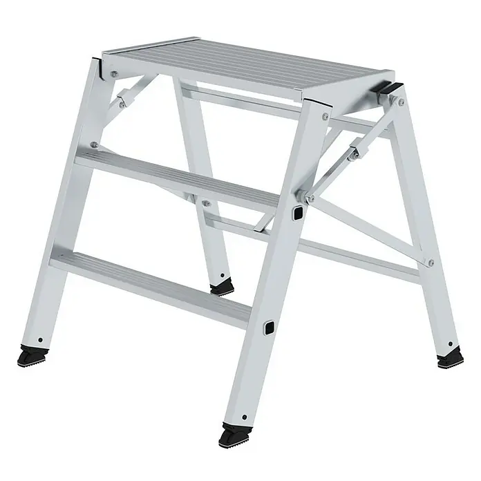 Proregal Klapptritt einseitig begehbar - Anzahl Tritte: 2 Stk., Arbeitshöhe: 2.700 mm, Belastbarkeit: 150 kg, Aluminium - Silberner Aluminium-Klapptritt mit zwei rutschfesten Stufen und schwarzen Antirutschfüßen.
