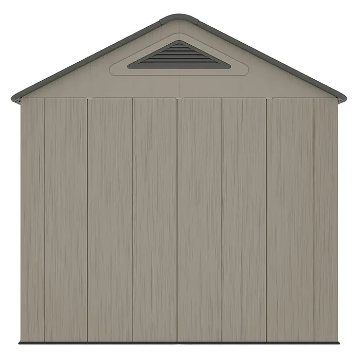 Gardol Gerätehaus Antares I - Außenmaß inkl. Dachüberstand (B x T): 250 x 180 cm, Kunststoff, Steingrau - Aufnahme eines hellbraunen Gerätehauses mit Satteldach und horizontaler Lüftungsöffnung. Ideal zur Aufbewahrung von Gartengeräten.