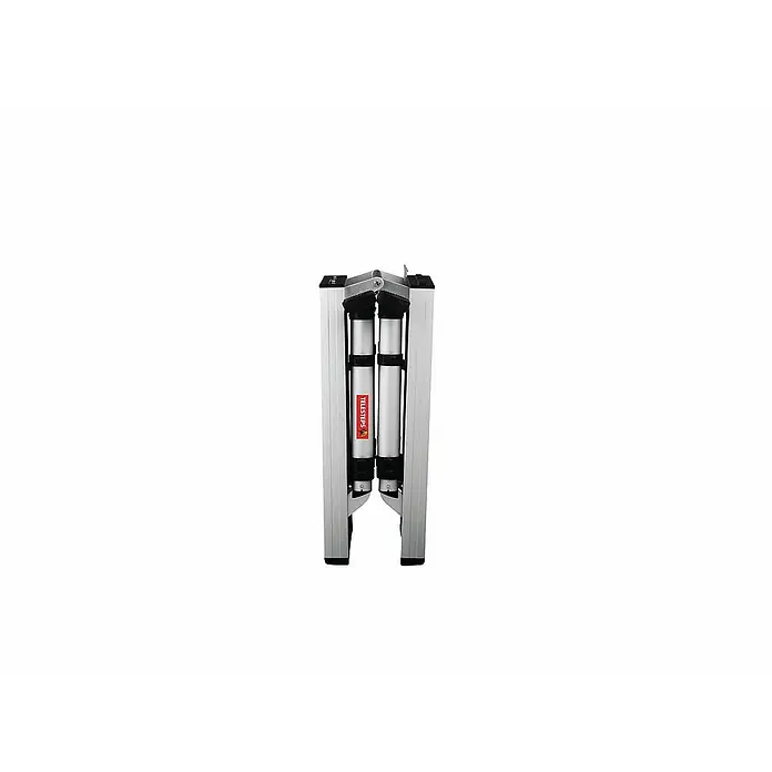 Proregal Arbeitsplattform mit 4 Stufen - Anzahl Tritte: 4 Stk., Arbeitshöhe: 2.600 mm, Belastbarkeit: 150 kg, Aluminium - Kompakte silbergraue Teleskopleiter aus Aluminium, zusammengeklappt zur Aufbewahrung, mit schwarzen Akzenten.