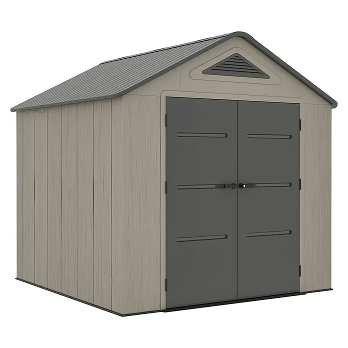 Gardol Gerätehaus Antares II - Außenmaß inkl. Dachüberstand (B x T): 250 x 246 cm, Kunststoff, Steingrau - Ein geräumiger Geräteschuppen mit Doppeltüren bietet viel Stauraum und ist ideal für Gartenwerkzeuge und -möbel.
