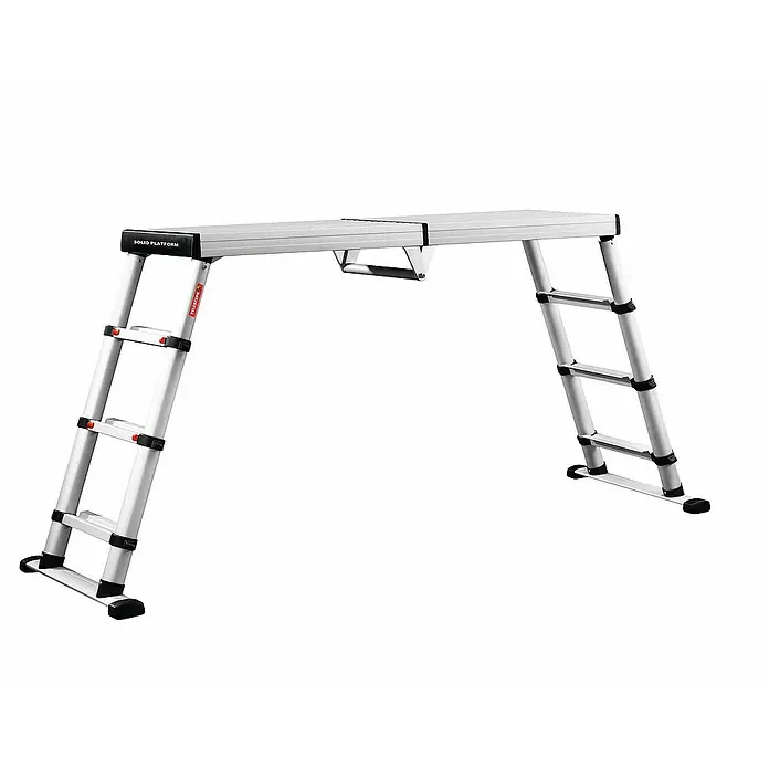 Proregal Arbeitsplattform mit 4 Stufen - Anzahl Tritte: 4 Stk., Arbeitshöhe: 2.600 mm, Belastbarkeit: 150 kg, Aluminium - Silberne Aluminium-Teleskop-Arbeitsplattform mit schwarzen Akzenten, höhenverstellbar.