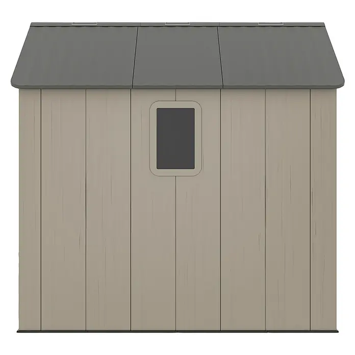 Gardol Gerätehaus Antares II - Außenmaß inkl. Dachüberstand (B x T): 250 x 246 cm, Kunststoff, Steingrau - Außenansicht eines Outdoor-Lagerschuppens mit grauem Dach und beiger Holzverkleidung mit einem kleinen Fenster.