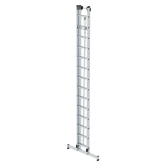Proregal Seilzugleiter 2-teilig - Anzahl Tritte: 28 Stk., Arbeitshöhe: 8.300 mm, Belastbarkeit: 150 kg, Aluminium - Aluminium Ausziehleiter mit Seilzugsystem und breiter Stabilisierungsbasis.