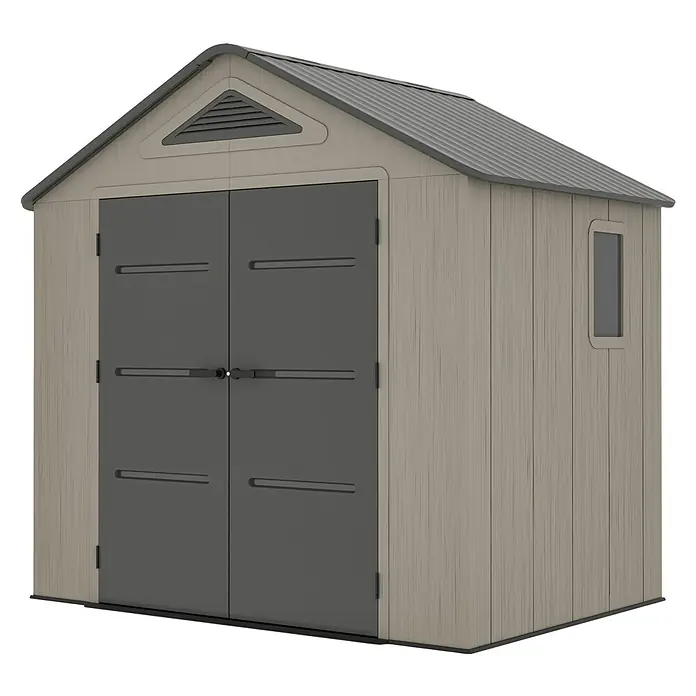 Gardol Gerätehaus Antares I - Außenmaß inkl. Dachüberstand (B x T): 250 x 180 cm, Kunststoff, Steingrau - Das Bild zeigt ein Gartenhaus aus Kunststoff mit Doppeltür und Fenster, ideal für die Aufbewahrung im Freien.