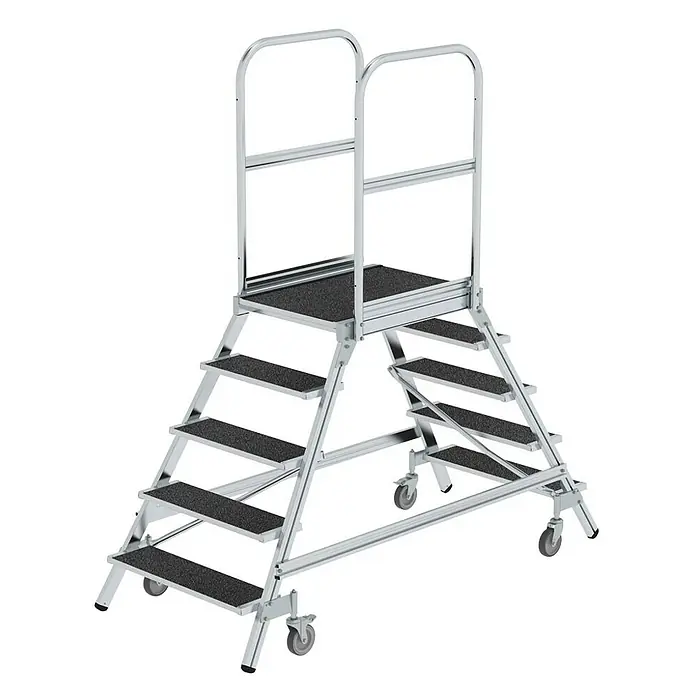 Proregal Treppenpodest beidseitig begehbar - Anzahl Tritte: 5 Stk., Arbeitshöhe: 3.200 mm, Belastbarkeit: 150 kg, Aluminium - Mobile silberne Arbeitsplattform mit rutschfesten Stufen, Geländern und feststellbaren Rollen.