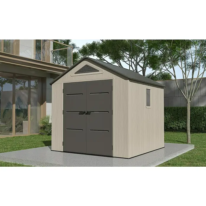 Gardol Gerätehaus Antares II - Außenmaß inkl. Dachüberstand (B x T): 250 x 246 cm, Kunststoff, Steingrau - Ein robustes Gerätehaus mit Doppeltür und Lüftungsschlitz im Giebel, ideal zur Aufbewahrung von Gartengeräten und Werkzeugen im Außenbereich.
