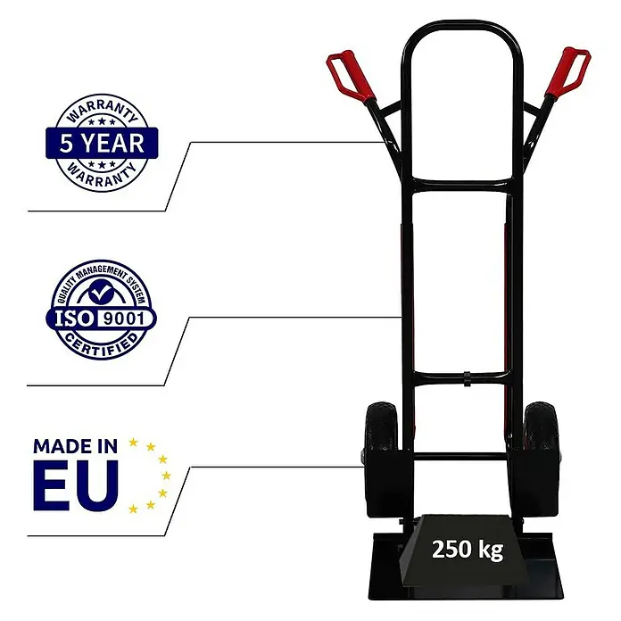 Proregal Sackkarre RAGNAR mit klappbarer XXL Schaufel & PU-Bereifung - Stahl, Traglast: 250 kg - Schwarze Sackkarre aus Metall mit roten Griffen, 250 kg Tragkraft.