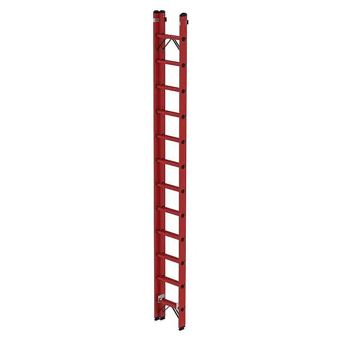 Proregal Schiebeleiter mit 24 Sprossen - Anzahl Tritte: 24 Stk., Arbeitshöhe: 7.400 mm, Belastbarkeit: 150 kg, Kunststoff - Rote Mehrzweckleiter mit schwarzen Akzenten und robusten Füßen.