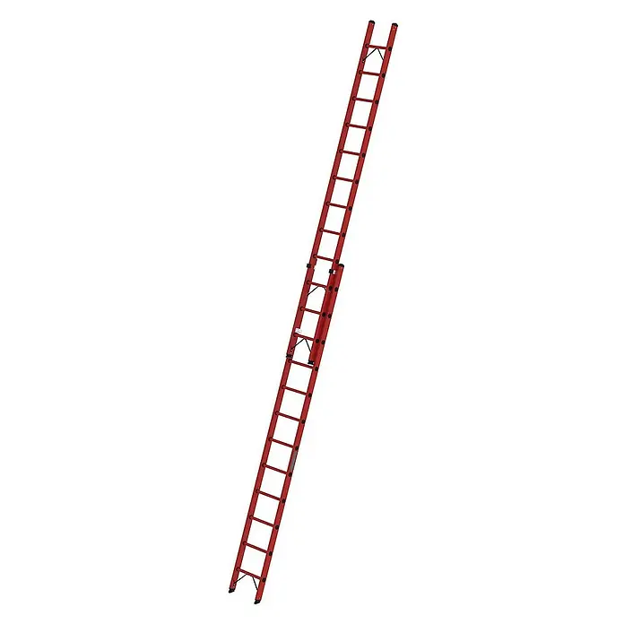 Proregal Schiebeleiter mit 24 Sprossen - Anzahl Tritte: 24 Stk., Arbeitshöhe: 7.400 mm, Belastbarkeit: 150 kg, Kunststoff - Rote Ausziehleiter mit mehreren Sprossen für vielseitige Höhenanpassung.
