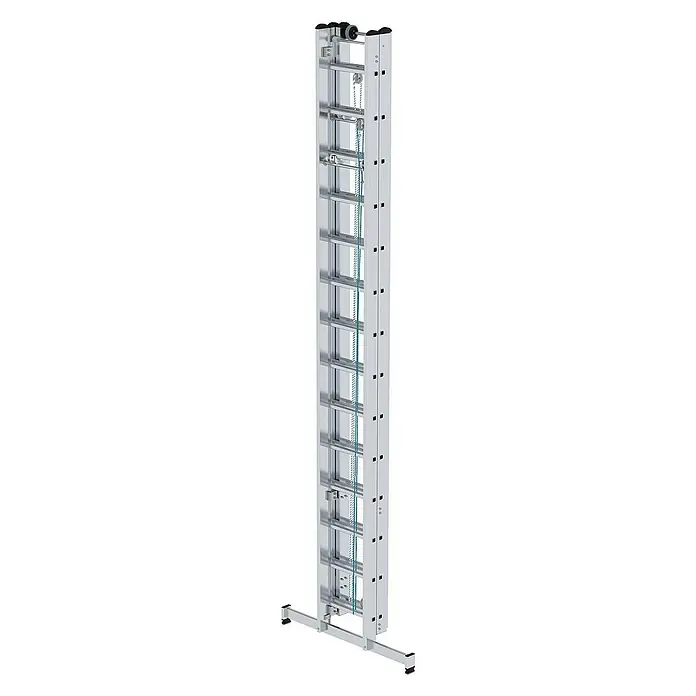 Proregal Seilzugleiter 3-teilig - Anzahl Tritte: 42 Stk., Arbeitshöhe: 10.800 mm, Belastbarkeit: 150 kg, Aluminium - Silbergraue vertikale Aluminiumleiter mit blauem Kettenzugsystem und Stabilisierungsfuß.