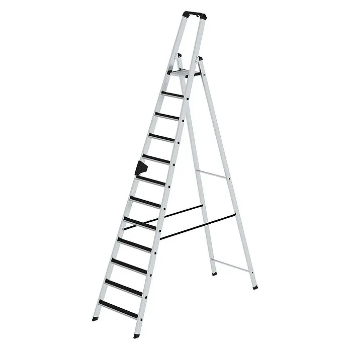 Proregal Stehleiter einseitig begehbar - Anzahl Tritte: 12 Stk., Arbeitshöhe: 4.800 mm, Belastbarkeit: 150 kg, Aluminium - Klappbare Aluminium-Stehleiter mit schwarzen rutschfesten Stufen, Griff und Stützstreben.