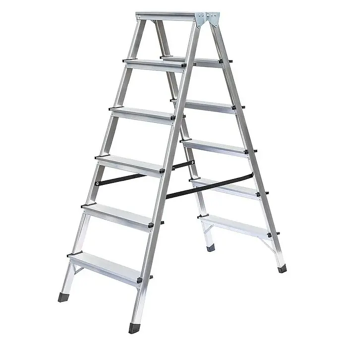 Proregal Doppel-Stehleiter beidseitig begehbar - Anzahl Tritte: 12 Stk., Arbeitshöhe: 2.950 mm, Belastbarkeit: 150 kg, Aluminium - Silberne Aluminium-Klappleiter mit sechs Stufen zum sicheren Erreichen höherer Stellen.