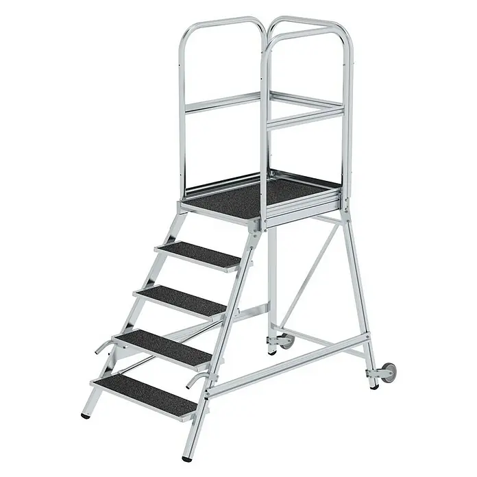 Proregal Treppenpodest einseitig begehbar - Anzahl Tritte: 5 Stk., Arbeitshöhe: 3.200 mm, Belastbarkeit: 150 kg, Aluminium - Mobile Aluminium-Arbeitsplattform mit 5 Stufen, schwarzen Antirutsch-Trittflächen und Sicherheitsgeländern.