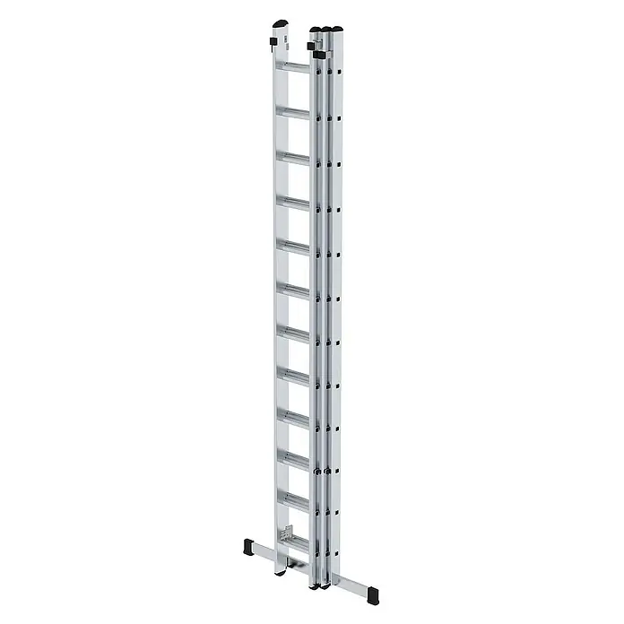 Proregal Schiebeleiter 3-teilig - Anzahl Tritte: 36 Stk., Arbeitshöhe: 9.700 mm, Belastbarkeit: 150 kg, Aluminium - Silberne Aluminium Mehrzweck-Ausziehleiter mit breitem Stabilisatorfuß.