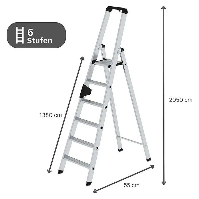 Proregal Stehleiter einseitig begehbar - Anzahl Tritte: 6 Stk., Arbeitshöhe: 3.400 mm, Belastbarkeit: 150 kg, Aluminium - Silberne Aluminium-Stehleiter mit 6 Stufen und schwarzen Akzenten.
