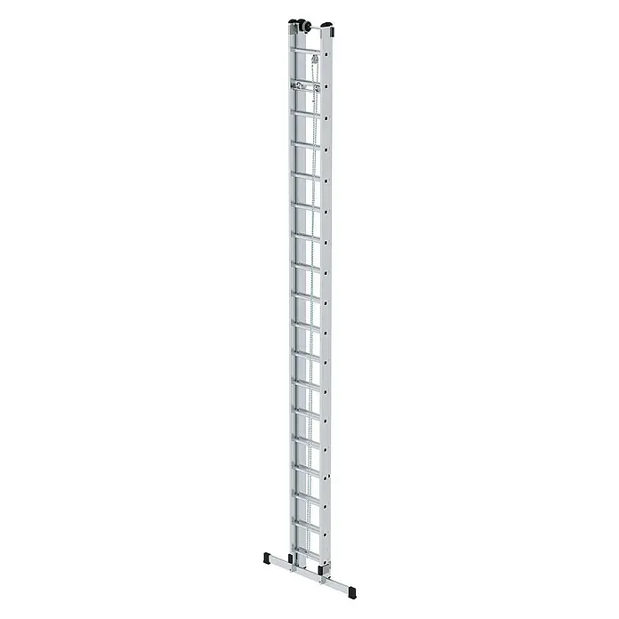 Proregal Seilzugleiter 2-teilig - Anzahl Tritte: 36 Stk., Arbeitshöhe: 10.300 mm, Belastbarkeit: 150 kg, Aluminium - Silberne Aluminium-Ausziehleiter mit Seilzug, Rollen oben und breiter Standtraverse unten.