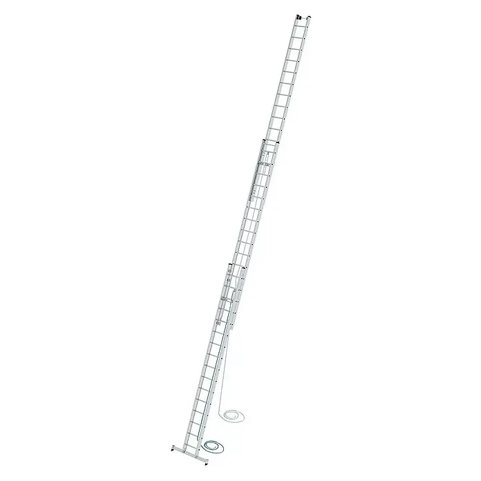 Proregal Seilzugleiter 3-teilig - Anzahl Tritte: 48 Stk., Arbeitshöhe: 11.900 mm, Belastbarkeit: 150 kg, Aluminium - Ausgefahrene dreiteilige Aluminium-Schiebeleiter mit Seilzug zum Ausfahren und breiter Standbasis.