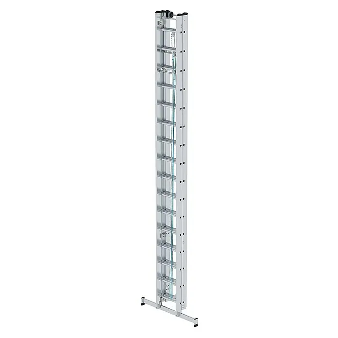 Proregal Seilzugleiter 3-teilig - Anzahl Tritte: 48 Stk., Arbeitshöhe: 11.900 mm, Belastbarkeit: 150 kg, Aluminium - Silberne Aluminiumleiter mit integriertem Rollensystem zum Heben, inklusive breitem Standfuß.