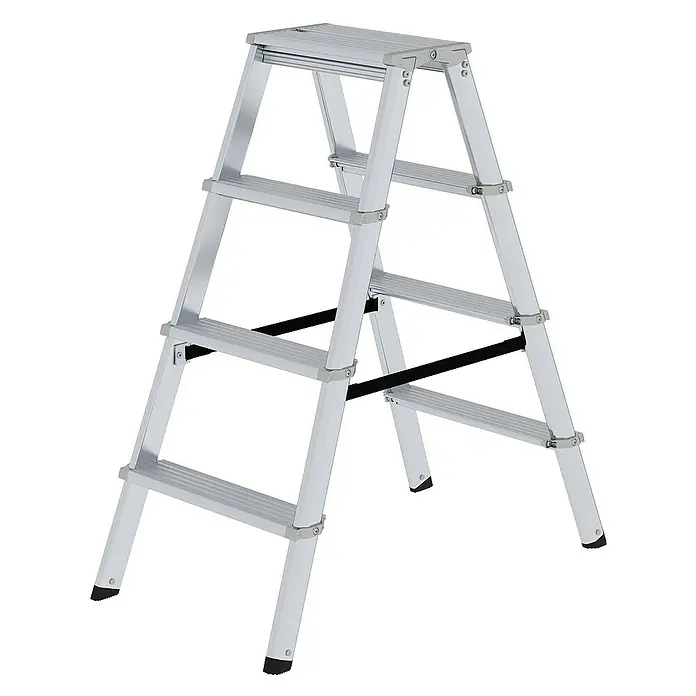 Proregal Doppel-Stehleiter beidseitig begehbar - Anzahl Tritte: 8 Stk., Arbeitshöhe: 2.500 mm, Belastbarkeit: 150 kg, Aluminium - Silberne Aluminium-Klapptrittleiter mit mehreren breiten Stufen und schwarzen Antirutschfüßen.
