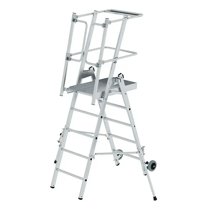 Proregal Stehleiter Plattformleiter Flexstep - Anzahl Tritte: 5 Stk., Arbeitshöhe: 3.300 mm, Belastbarkeit: 150 kg, Aluminium - Helle Aluminium-Arbeitsplattform mit Sicherheitsgeländer und integrierten Rädern für Mobilität.