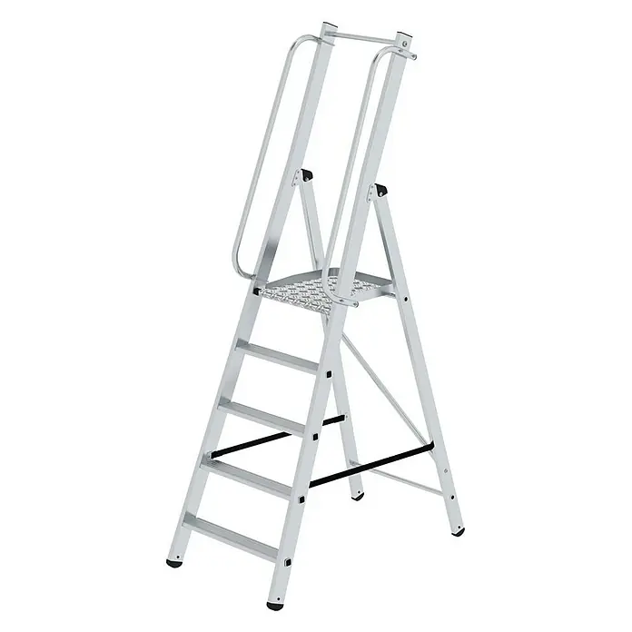 Proregal Stehleiter mit 5 Stufen - Anzahl Tritte: 5 Stk., Arbeitshöhe: 3.150 mm, Belastbarkeit: 150 kg, Aluminium - Silberne Aluminium-Arbeitsplattformleiter mit großer Trittfläche und Haltebügeln, mit schwarzen Antirutschfüßen.
