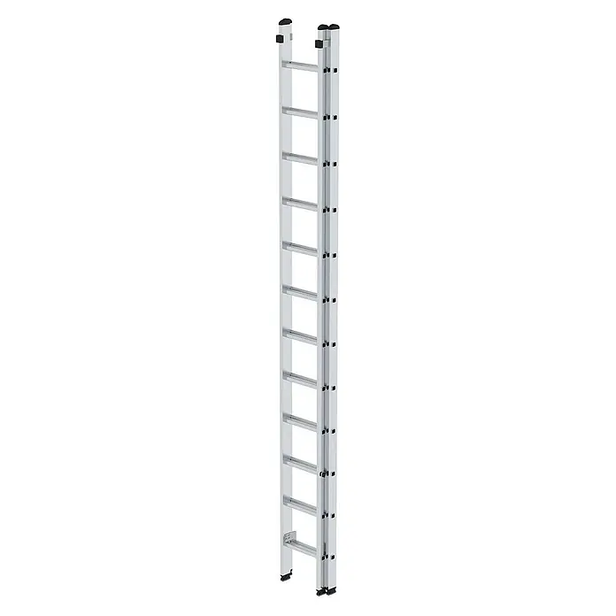 Proregal Schiebeleiter 2-teilig - Anzahl Tritte: 24 Stk., Arbeitshöhe: 7.200 mm, Belastbarkeit: 150 kg, Aluminium - Silberne Aluminium-Zweiteilige Anlegeleiter mit schwarzen Sicherheitskappen und Füßen.