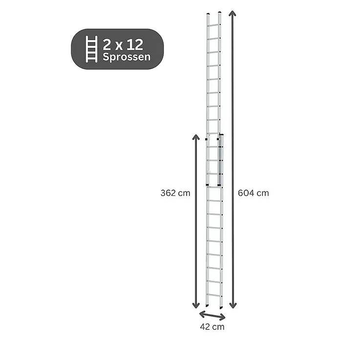 Proregal Schiebeleiter 2-teilig - Anzahl Tritte: 24 Stk., Arbeitshöhe: 7.200 mm, Belastbarkeit: 150 kg, Aluminium - Silberne Aluminium-Ausziehleiter, 2x12 Sprossen, 604 cm ausgefahren, 362 cm eingefahren, 42 cm breit.