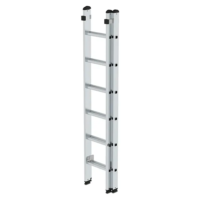 Proregal Schiebeleiter 2-teilig - Anzahl Tritte: 12 Stk., Arbeitshöhe: 4.100 mm, Belastbarkeit: 150 kg, Aluminium - Silberne Aluminium-Ausziehleiter mit flachen Sprossen und schwarzen Kappen.