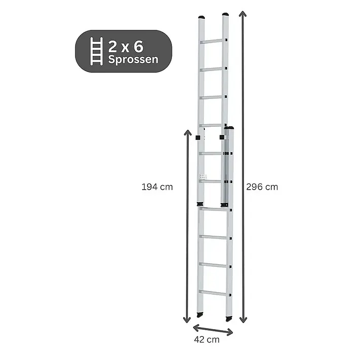 Proregal Schiebeleiter 2-teilig - Anzahl Tritte: 12 Stk., Arbeitshöhe: 4.100 mm, Belastbarkeit: 150 kg, Aluminium - Silberne Aluminium Anlegeleiter mit 2x6 Sprossen, 296 cm ausgezogen, 194 cm eingefahren, 42 cm breit.