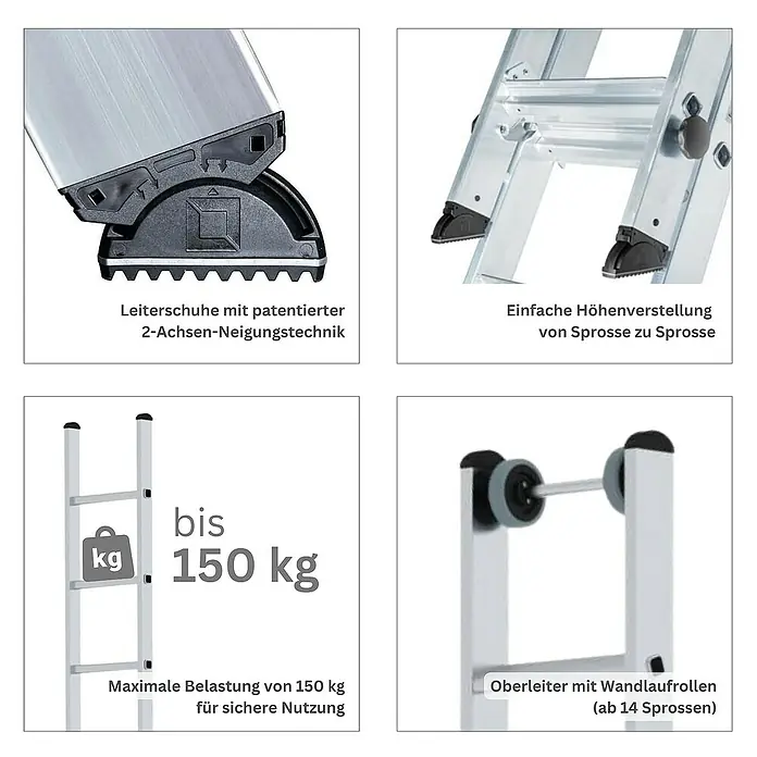 Proregal Schiebeleiter 2-teilig - Anzahl Tritte: 12 Stk., Arbeitshöhe: 4.100 mm, Belastbarkeit: 150 kg, Aluminium - Aluminium-Mehrzweckleiter, die ihre patentierten Füße, einfache Höhenverstellung, 150 kg Tragfähigkeit und Wandlaufrollen zeigt.