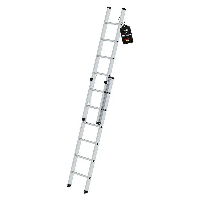 Proregal Schiebeleiter 2-teilig - Anzahl Tritte: 12 Stk., Arbeitshöhe: 4.100 mm, Belastbarkeit: 150 kg, Aluminium - Silberne Aluminium-Ausziehleiter mit schwarzen Sicherheitskappen und "Made in Germany"-Etikett.