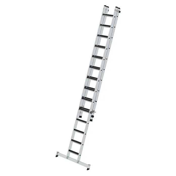 Proregal Schiebeleiter 2-teilig - Anzahl Tritte: 10 Stk., Arbeitshöhe: 7.000 mm, Belastbarkeit: 150 kg, Aluminium - Silberne Aluminium-Ausziehleiter mit schwarzen rutschfesten Sprossen und breitem Standfuß.