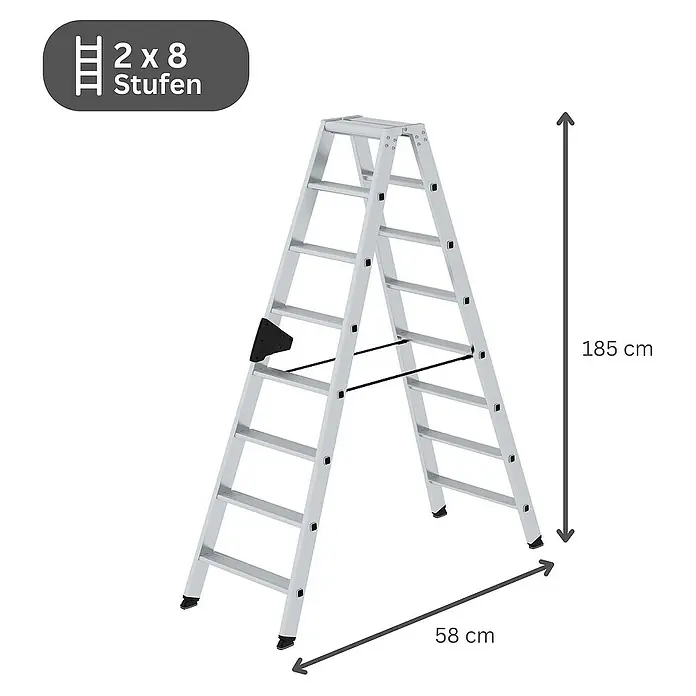 Proregal Doppel-Stehleiter beidseitig begehbar - Anzahl Tritte: 16 Stk., Arbeitshöhe: 3.400 mm, Belastbarkeit: 150 kg, Aluminium - Silberne Alu-Klappleiter, 2x8 Stufen, 185 cm hoch, 58 cm breit.