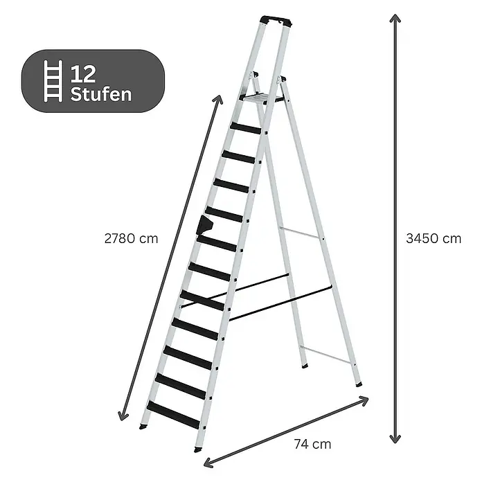 Proregal Stehleiter einseitig begehbar - Anzahl Tritte: 12 Stk., Arbeitshöhe: 4.800 mm, Belastbarkeit: 150 kg, Aluminium - Silberne Aluminium-Stehleiter mit 12 schwarzen Stufen, inklusive Maßangaben.